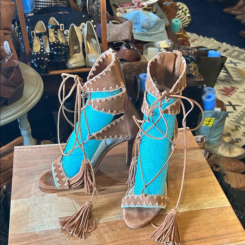 SCHUTZ Brown and Blue Lace-Up Heels